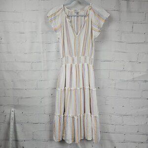 Rails Midi Length Dress Stripe Linen Blend Womens M Short Sleeve Casual Tiered